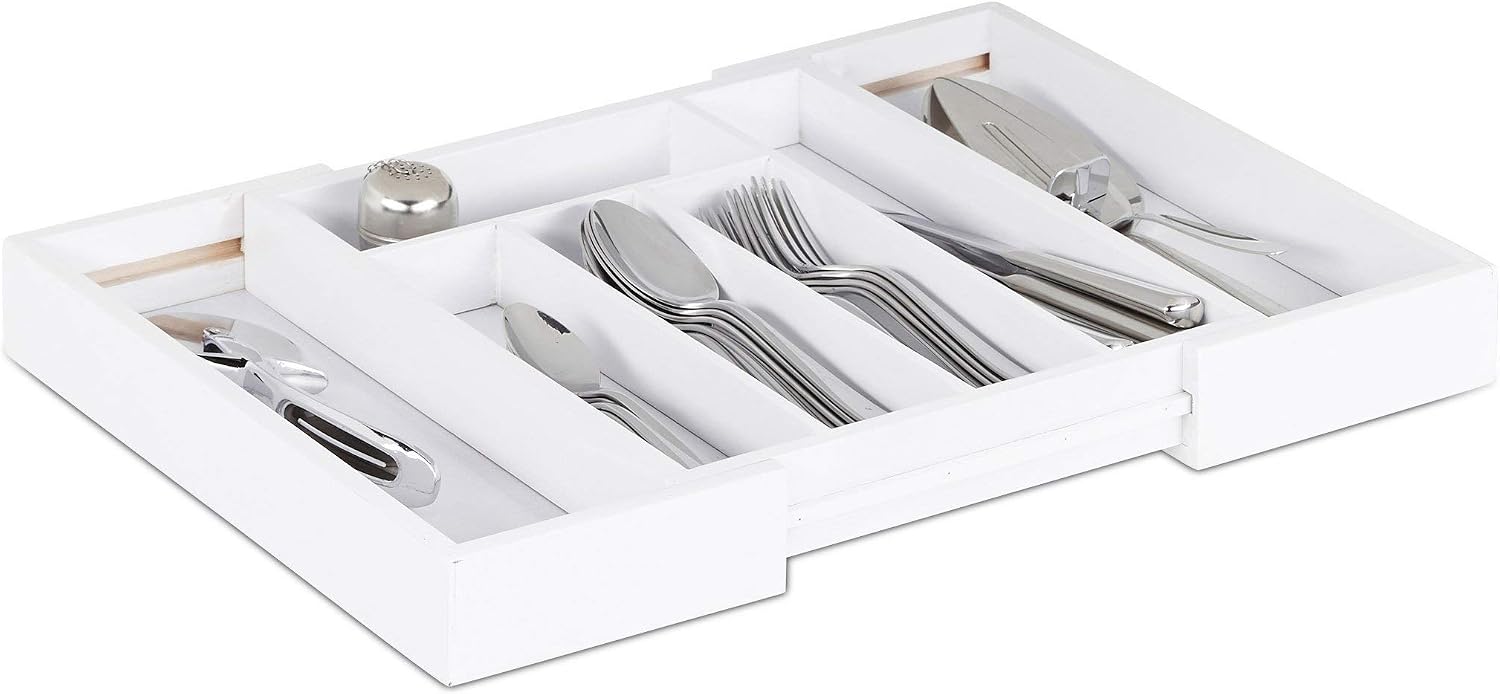 Relaxdays Cutlery Drawer Tray, Extendable, Variable Width, 5 - 7 Compartments, Bamboo Organiser, HWD: 5x48x33.5cm, White