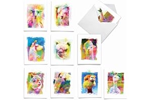 The Best Card Company Assorted Animal Watercolor Blank Greeting Card Box Set - Incl. 10 Unique Notecards Designs + Envelopes for Thank You, Invitations - Funky Rainbow Llamas AM6862OCB-B1x10