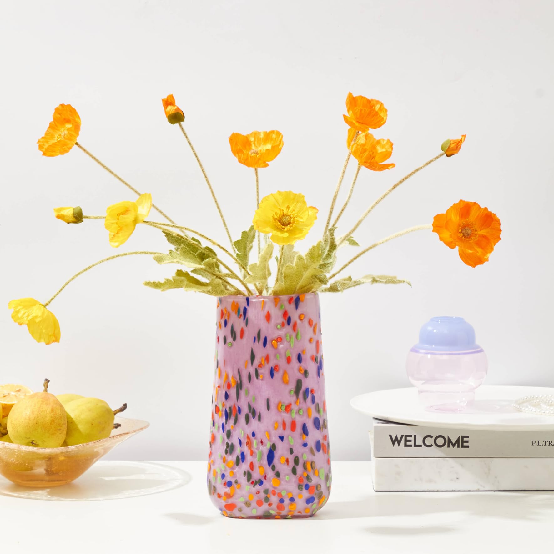 Photo 1 of 2.8lb Hand Blown Glass Vase - 9.2" H Large Creative Luxury Flower Vase for Home Decor, Noble Colored Wave Point Dot Art, Tall Colorful Art Vases