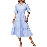 winkbay Women's Tiered Ruffle Maxi Dress Summer Plaid Notch V Neck Flowy Babydoll Dresses Vacation Outfits
