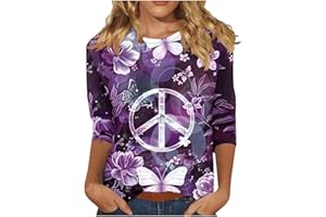 GENERIC Love and Peace T Shirts for Women Fashion Tie Dye Floral Print 3/4 Length Sleeve Tops Loose Fit Crew Neck Blouses