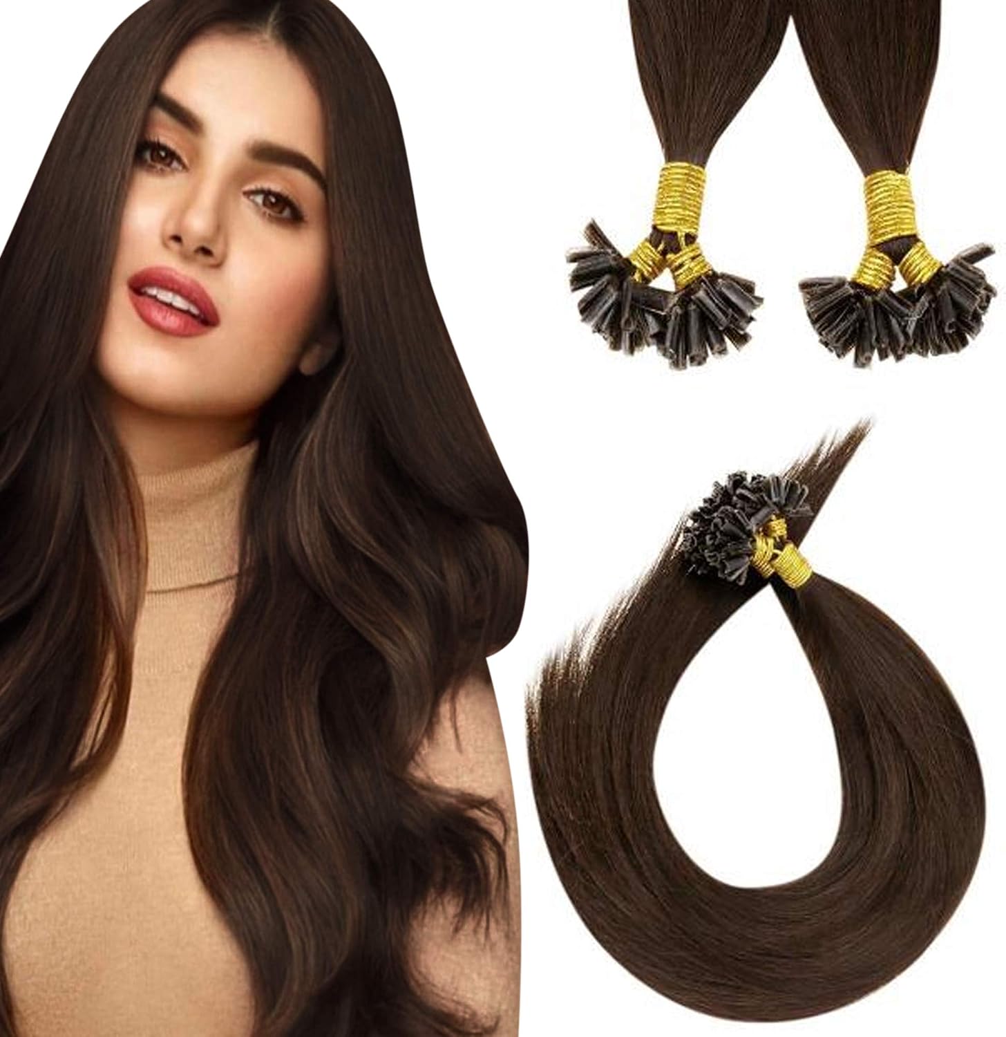 LaaVoo U Tip Hair Extensions Real Human Hair Brown, Remy Straight Darkest Brown Real Hair Extensions