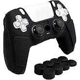 HLRAO Anti-Slip Black PS5 Controller Skin,Soft Thicken Studded Protective Silicone Cover Skin Grips Compatible with PS5/Slim/Pro Controller and 8 PCS Thumb Grips Caps.