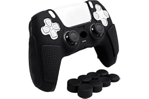 HLRAO Anti-Slip Black PS5 Controller Skin,Soft Thicken Studded Protective Silicone Cover Skin Grips Compatible with PS5/Slim/Pro Controller and 8 PCS Thumb Grips Caps.