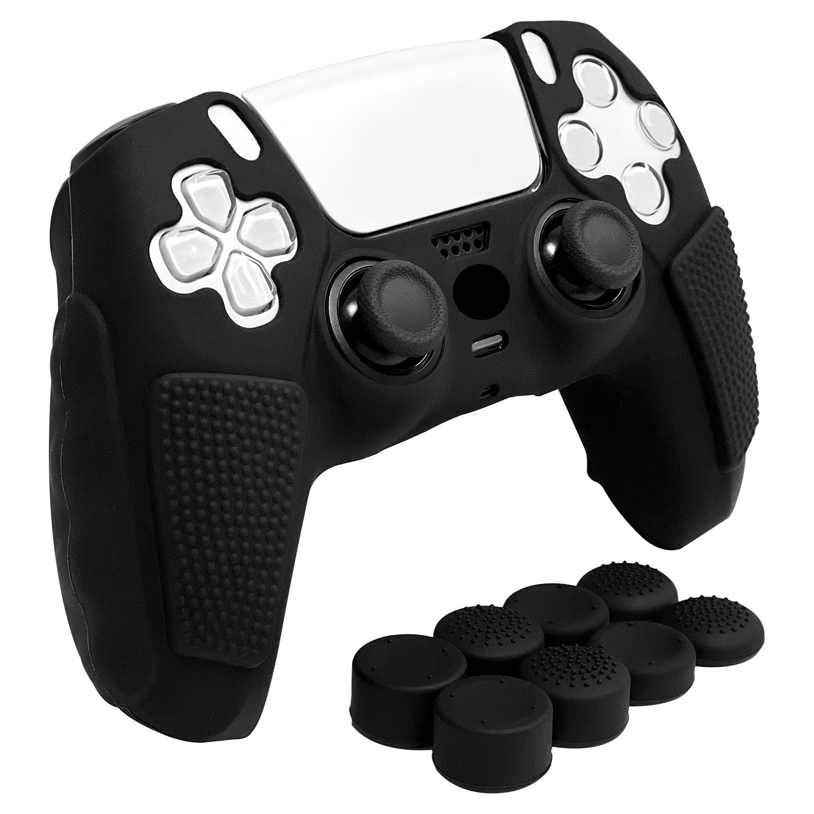 HLRAO Anti-Slip Black PS5 Controller Skin,Soft Thicken Studded Protective Silicone Cover Skin Grips Compatible with PS5/Slim/Pro Controller and 8 PCS Thumb Grips Caps.