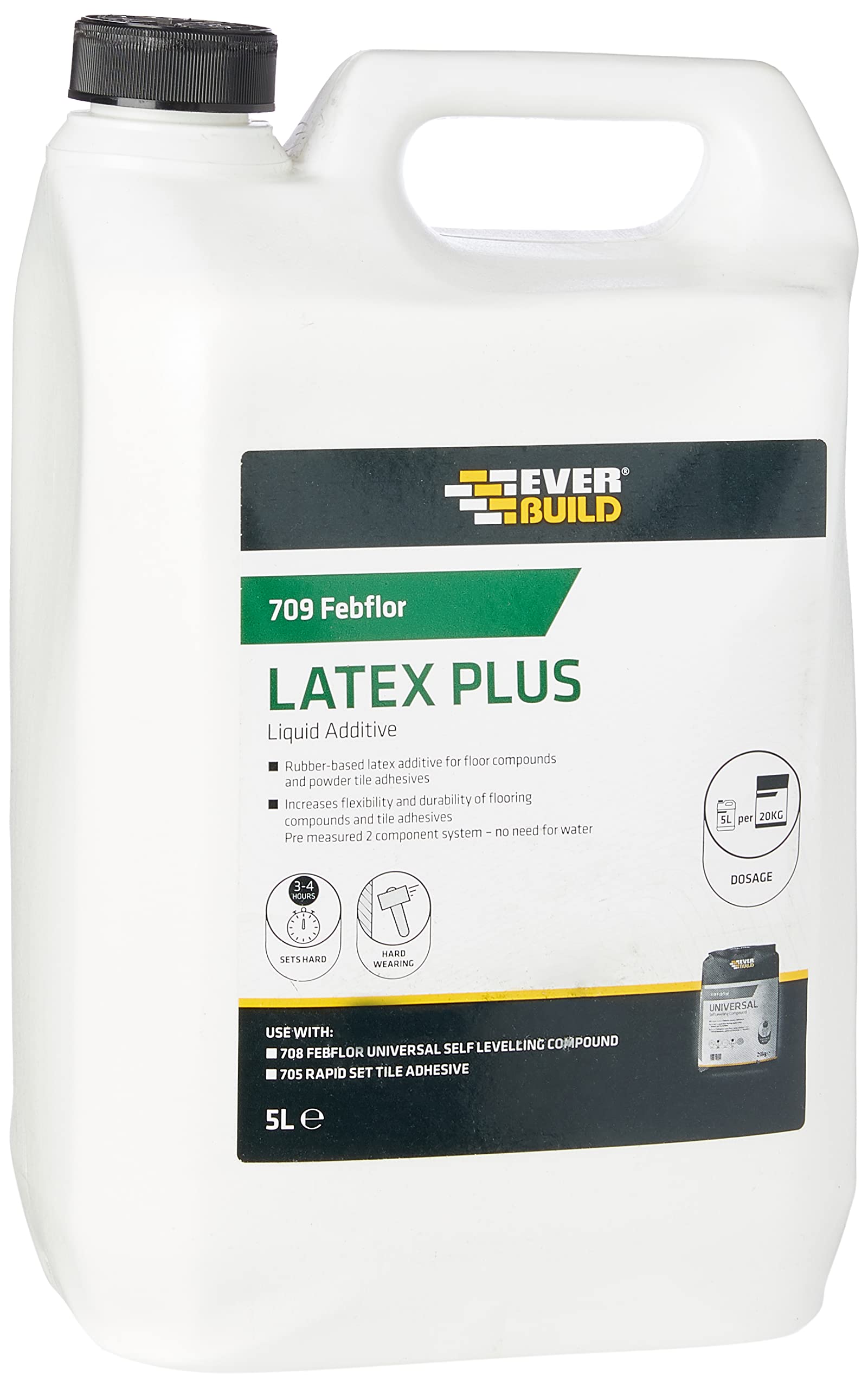 Everbuild 709 Febflor Flexiplus Latex – Liquid Additive – Improves Toughness And Flexibility – Increases Adhesion – Frost Resistant – White – 5 Litre
