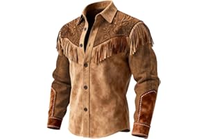 Men Shirts Western Fringe Print Shirt Cowboy Style Casual Button Down Long Sleeve for Country Music Festival