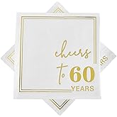 Ottin White Gold Cheers to 60 Years Cocktail Paper Napkins, 5x5 Inches, 50 Counts, 3-Ply Disposable Party Napkins for 60th Birthdays Decorations, Anniversaries, Weddings, Indoor & Outdoor Celebrations