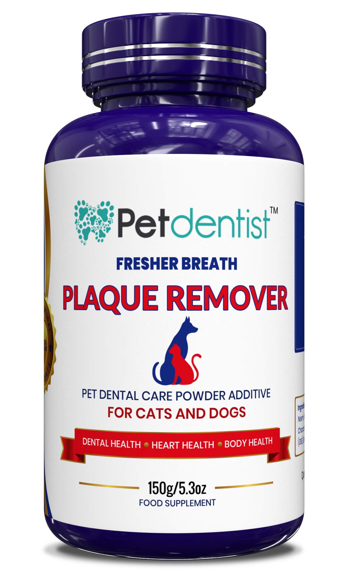 Petdentist Advanced Plaque Remover Powder for Dogs & Cats – Natural Tartar Control, White Teeth, Fresh Breath & Healthy Gums – Dog Teeth Cleaning Powder & Dog Dental Care Solution, 150g