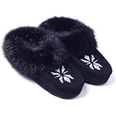 Women Moccasins Indoor Slippers of Soft Sole Fleece Lined Rabbit Fur Trim