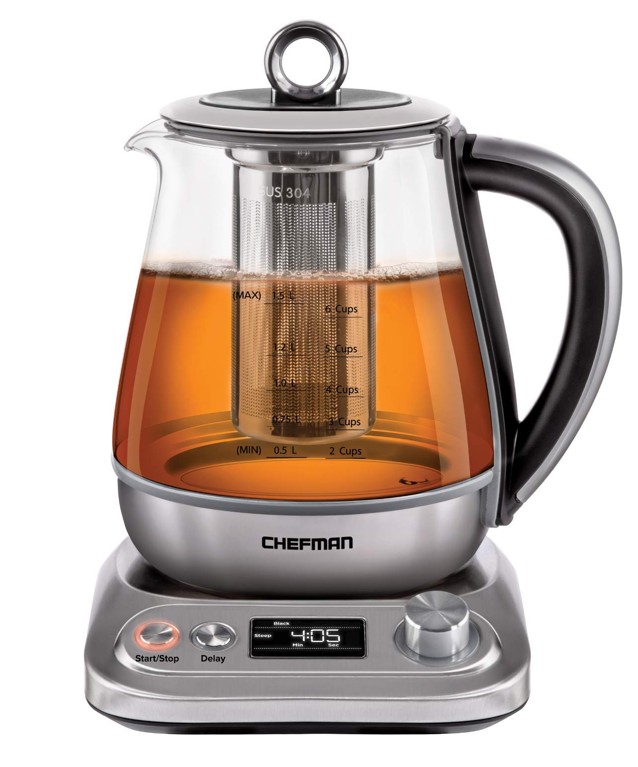 Chefman Programmable Electric Glass Kettle, Temperature Control & 8 Preset Steep Times, Auto Shut Off, Removable Tea Infuser Included, Clean Water Filter, 6+ Cup Capacity, Stainless Steel, 1.5 Liter