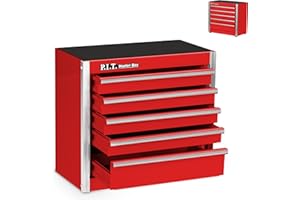 P.I.T. Mini Red Tool Box, Portable 5-Drawer Micro Roll Cab Steel Tool Box with Liner, Red Small Tool Case for Tools Storage, Home DIY
