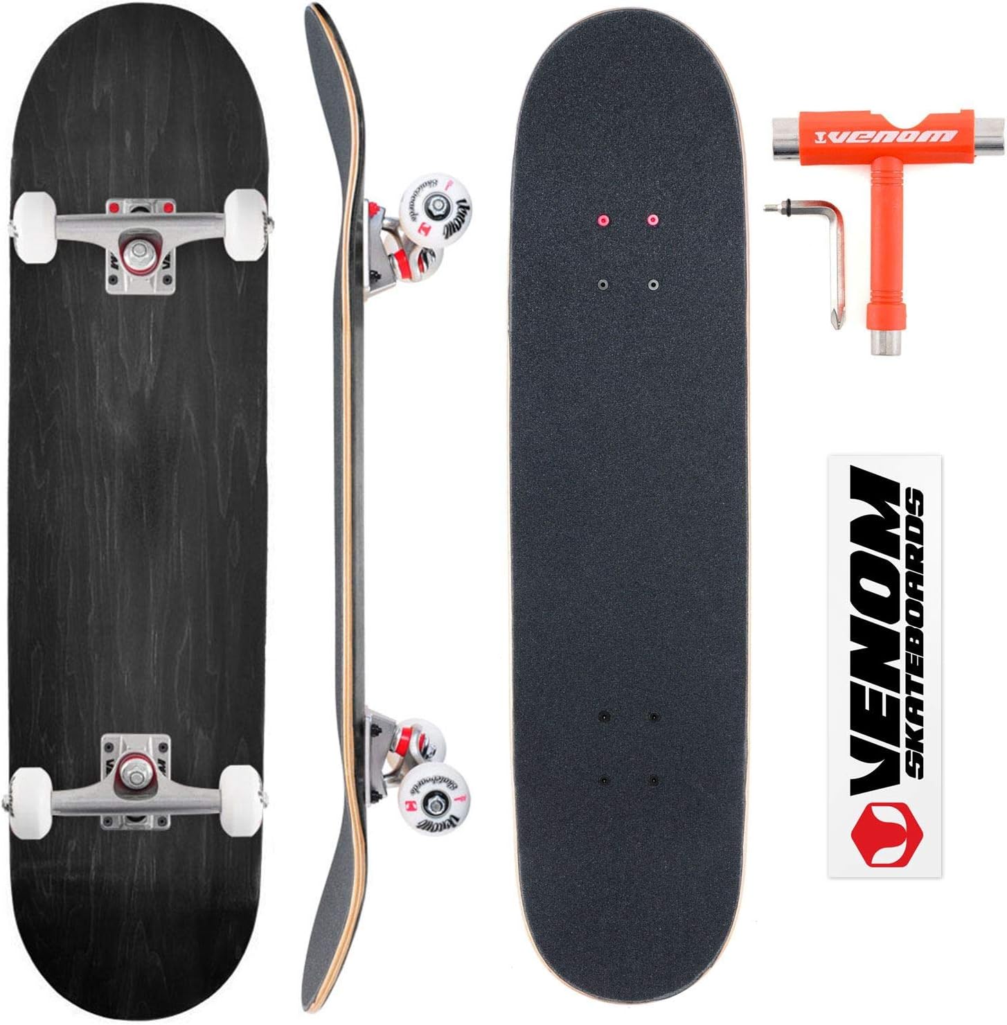 Venom Custom Complete Skateboard - Black Deck 8.25" - Raw Trucks