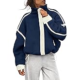 Panadila Womens Fleece Zip Up Jacket Fuzzy Sherpa Jacket Casual Teddy Coats Winter Outerwear with Pockets (Navy White Combo,XL)