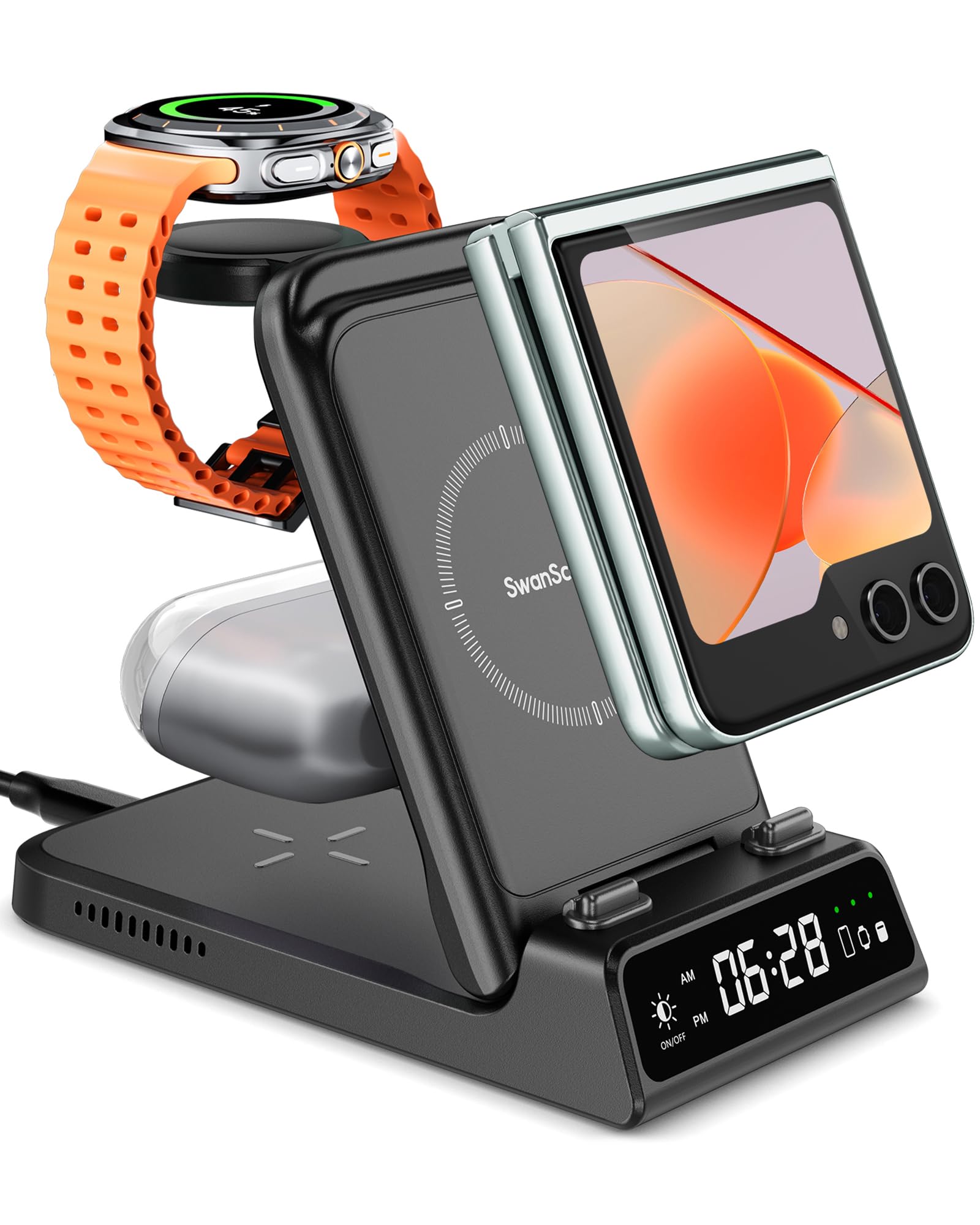 Photo 1 of Charging Station for Samsung Z Flip 7/7 FE/6/5/4/3, SwanScout 703F, Wireless Charger for Samsung Galaxy Z Flip, Galaxy Watch 8/8 Classic/Ultra/7/6/6 Classic/5, Galaxy Buds 3 Pro/3/2 Pro (No Adapter)