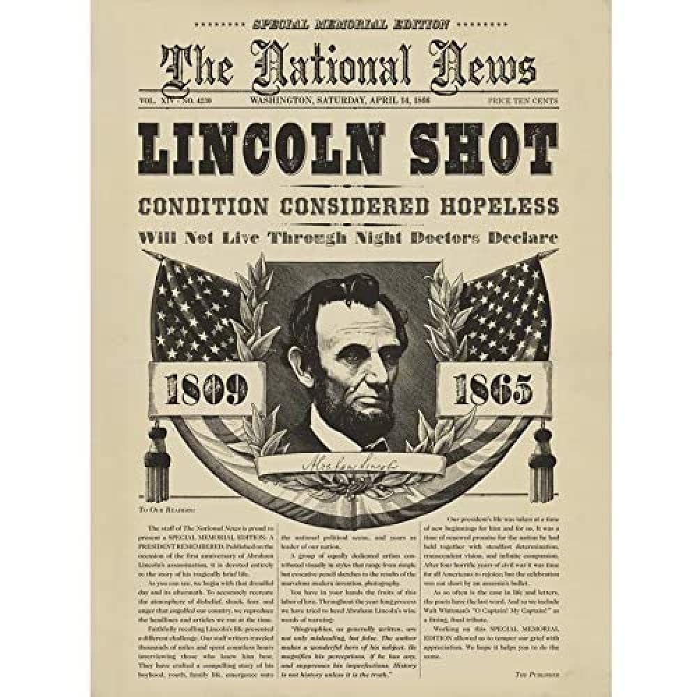 Artery8 Abraham Lincoln Assassination Front Page Wall Art Print : Historic Newspaper Reproduction for Study or Office American History Decor for Political Collectors