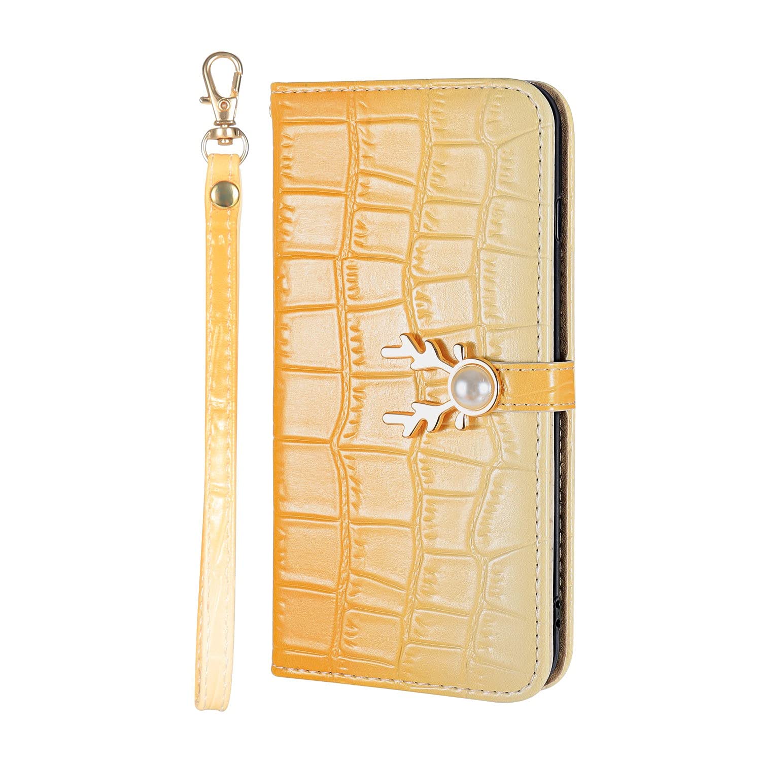 Shockproof Wallet Case for Xiaomi Redmi A1, Clasp Case with Animal Elk, PU Leather and TPU Bumper Soft Touch, Gradient Yellow