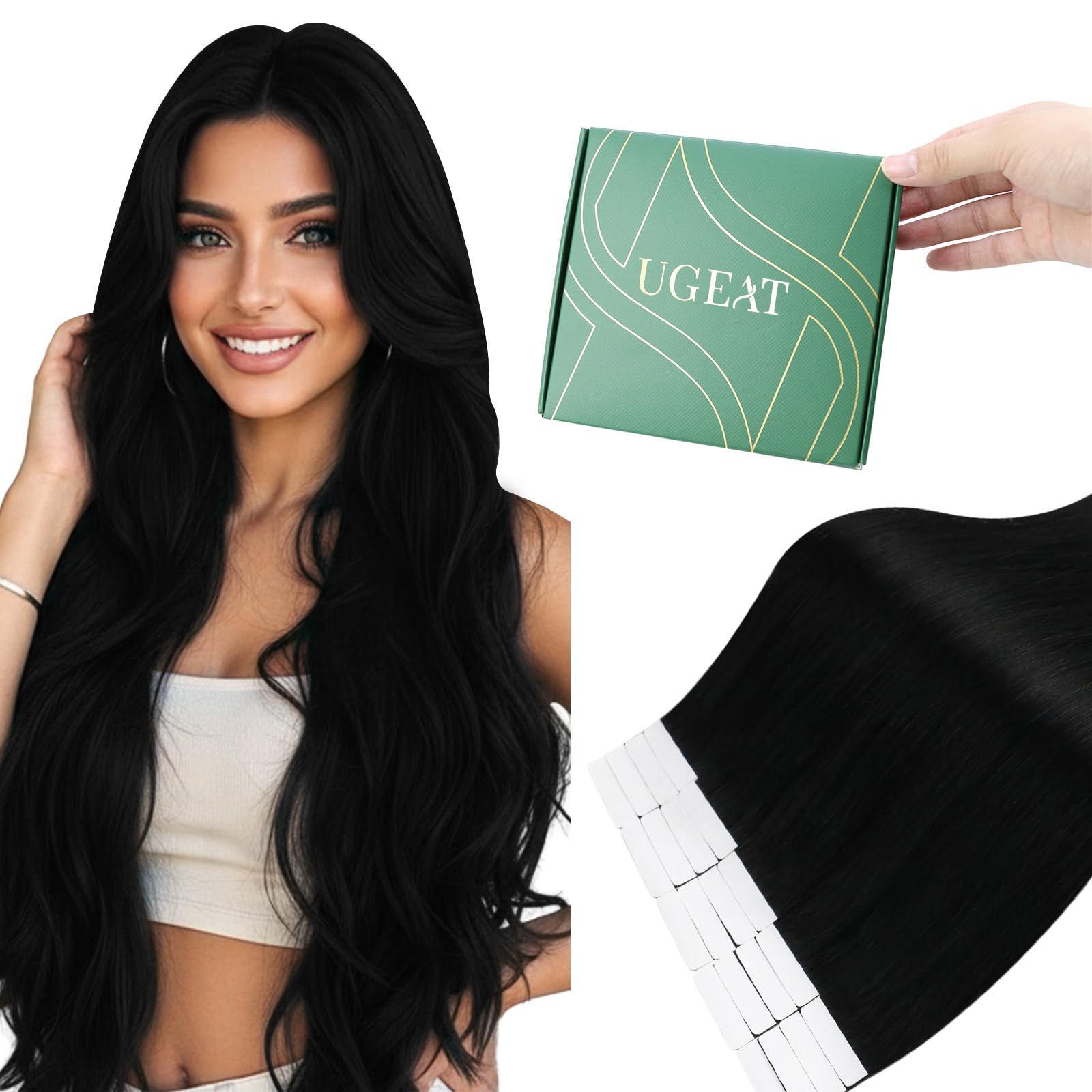 Ugeat Tape in Hair Extensions Human Hair Black 18 Inch Tape Extension Remy Human Hair Jet Black Invisible Tapes in Hair Extensions for Women Ease of Application 20Pcs 50G