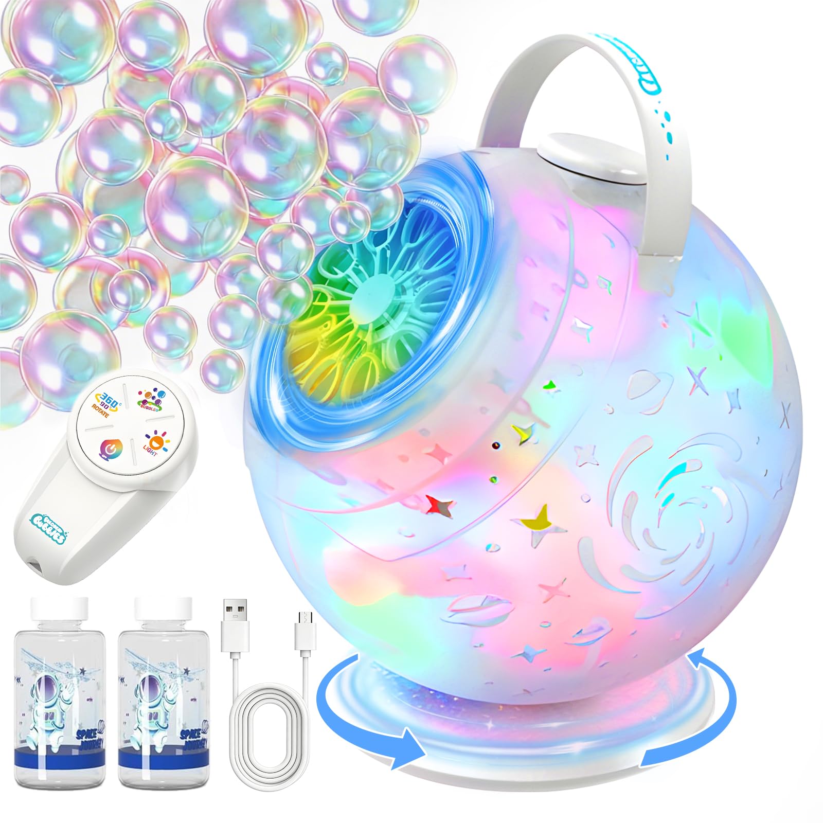 Bubble Machine for Kids with Remote Control, 360° Rotation – Rechargeable Bubble Blower with Color Lights, Bubble Solution Included, Bubble Maker Toy for Outdoor Garden, Parties, Birthdays&Christmas