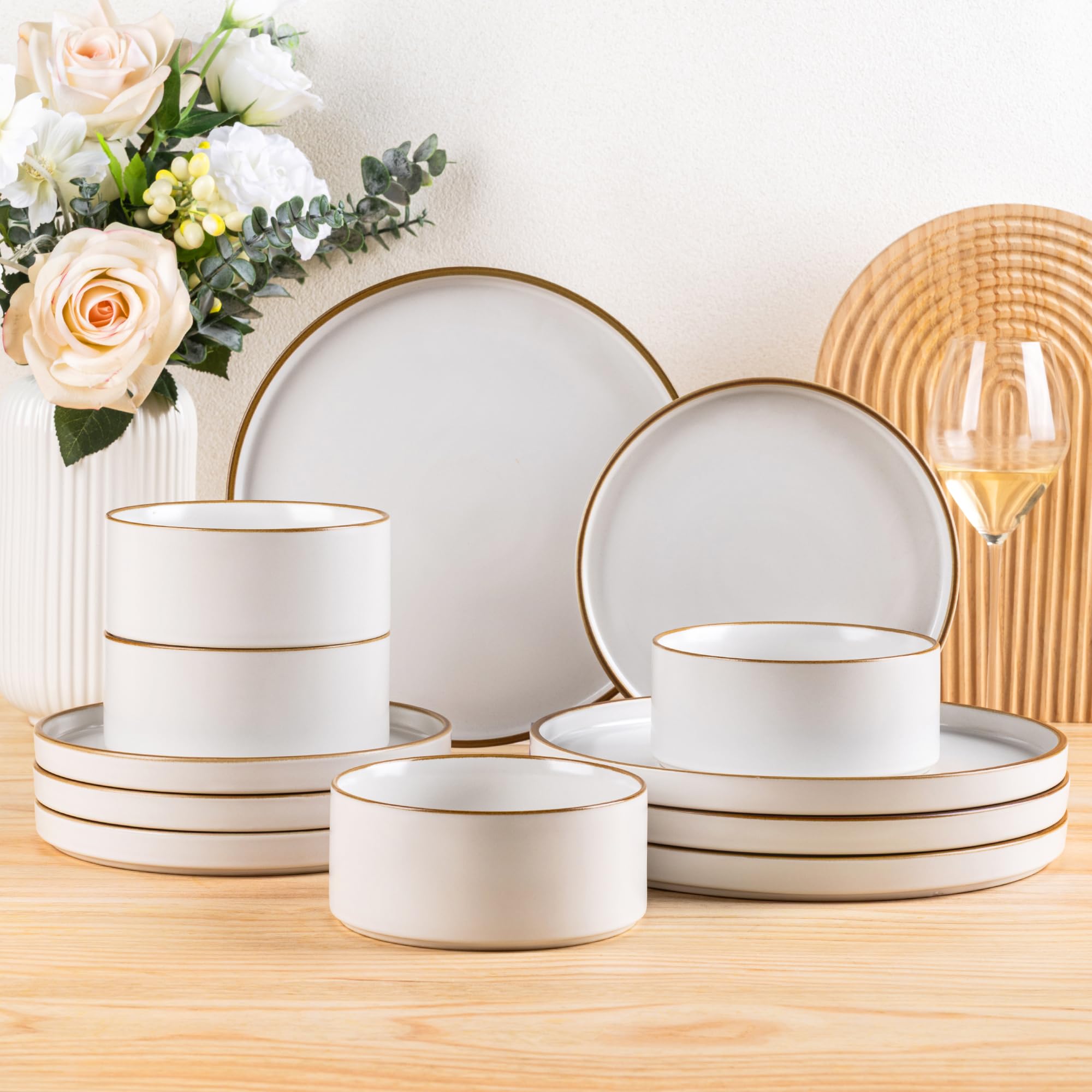 Photo 1 of LERATIO Ceramic Dinnerware Sets for 4,Matte Stoneware Plates and Bowls Set, Chip and Crack Resistant | Oven & Dishwasher & Microwave Safe Dishes Set, Service for 4-Dusted Gold Rim