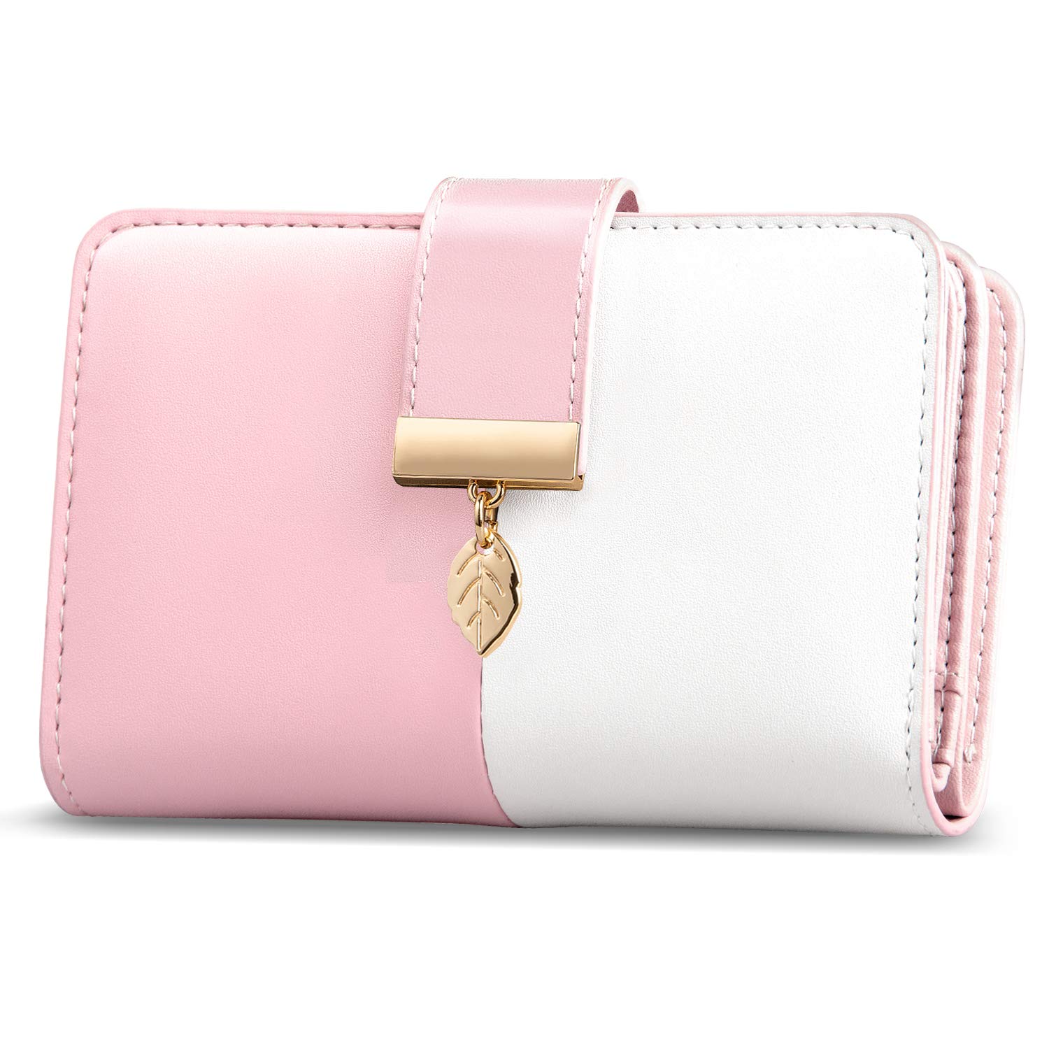 Faneam Ladies Purse RFID Blocking Leather Wallet Women's Small Purse Ladies Bifold Purse Credit Card Wallet with Wrist Strap, 1 Zip Coin Pocket, 14 Card Slots, Exquisite Box (Pink)