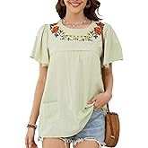 Womens Summer Cotton Floral Embroidered Tops Crewneck Short Sleeve Shirts Casual Blouses Boho Clothing Trendy 2025