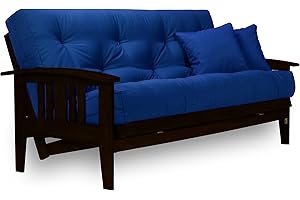 Nirvana Futons Espresso Finish (Warm Black) Westfield Large Queen Size, Mission Style Wood Futon Frame with Mattress Included (Twill Royal Blue)