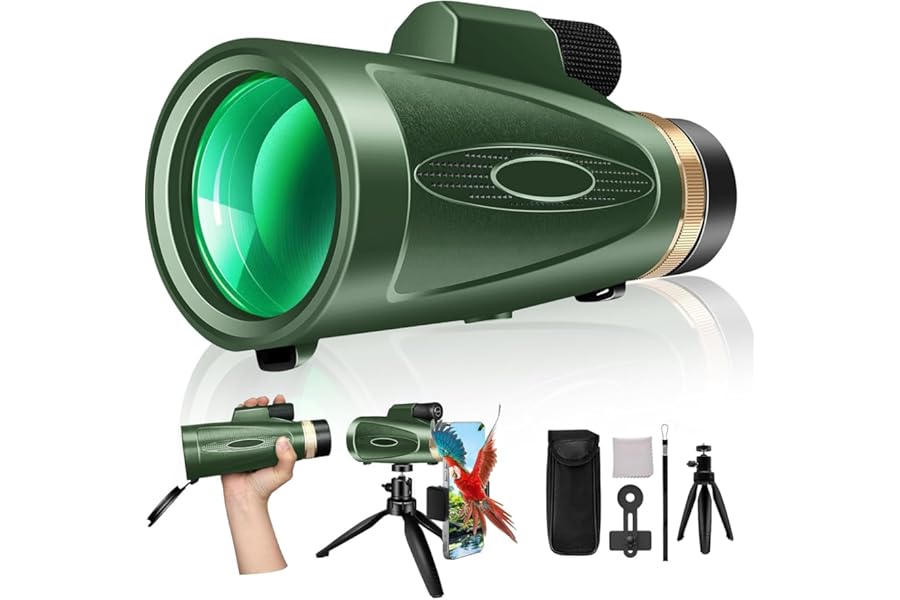 Monocular Telescope 80x100 High Power with Smartphone Adapter Tripod, Wide Field Monoculars for Adults with BAK4 Prism & FMC Lens, for Bird Watching Hiking Camping Wildlife-Green