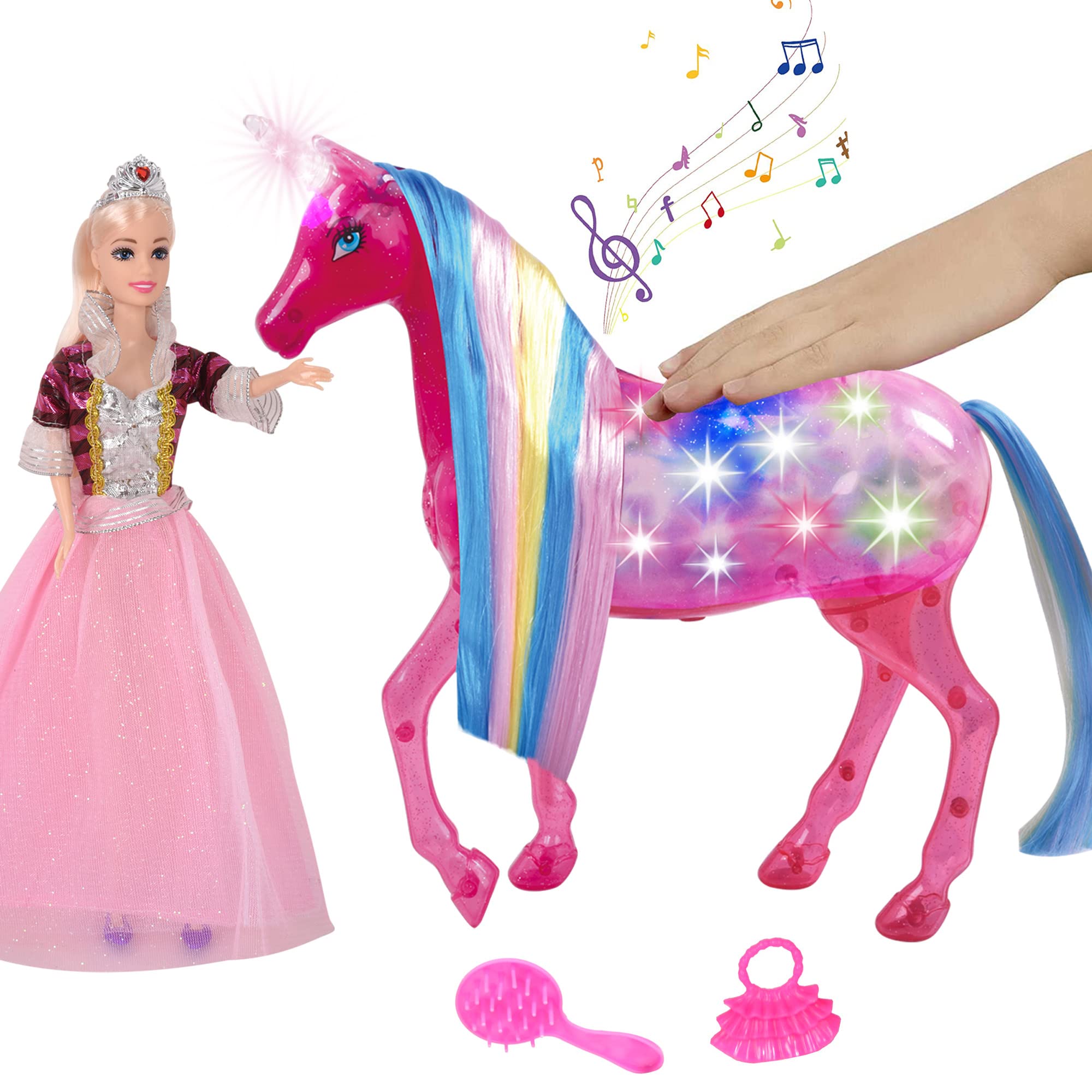 HAPITOIZ Large Maigcal Lights Unicorn & Princess Doll, Horse Toys with Magical Rainbow Lights & Realistic Sounds, Ideal Unicorn Gifts Horse Play Set for Girls 3-9