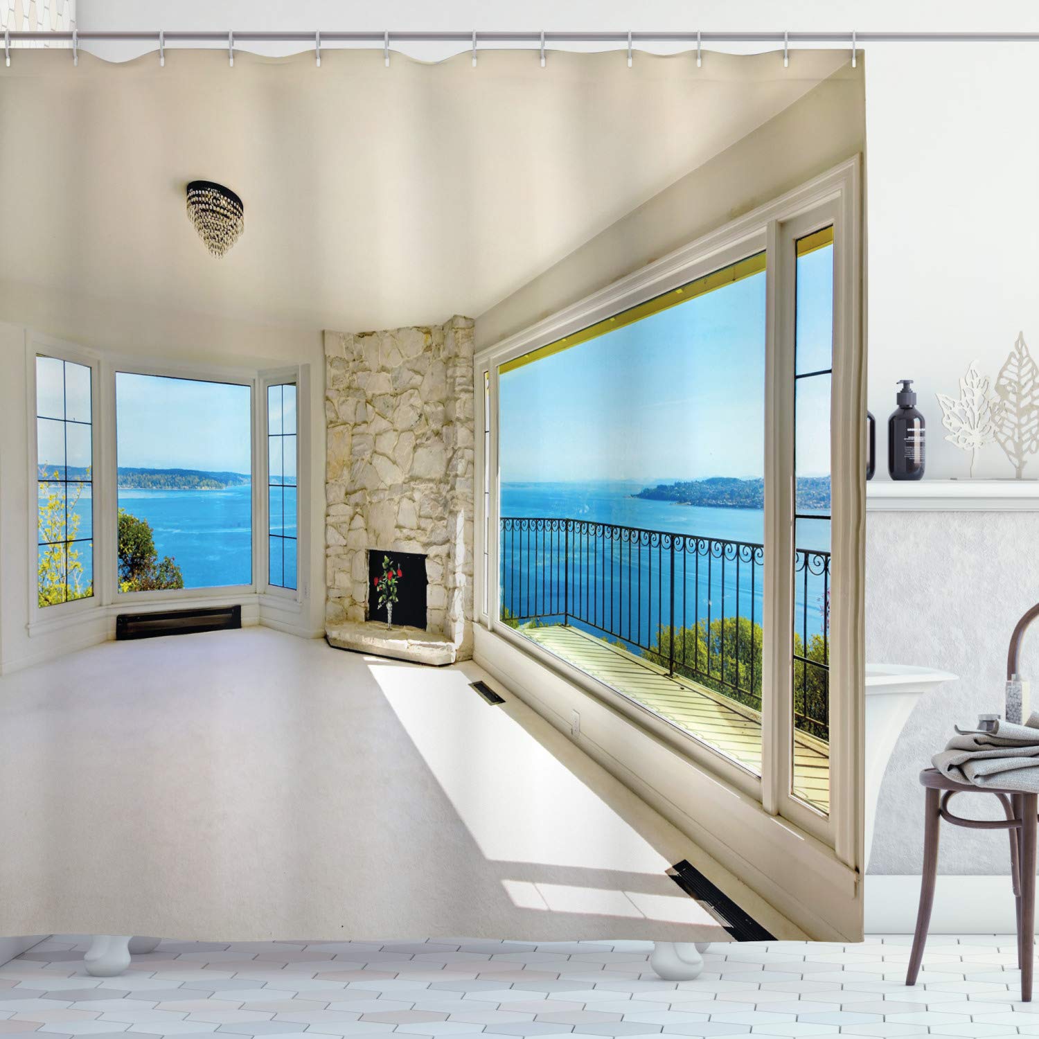 ABAKUHAUS Modern Shower Curtain, Modern Hollywood Star Houses Inspired Design with Ocean Nature Forest View Art, Cloth Fabric Bathroom Decor Set with Hooks, 175 x 240 cm, White Blue