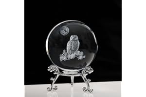 QIANCHANG 3D Owl Crystal Ball with Stand, Night Owl Figurines Glass Globe Home Decor Gifts for Women Mom(60mm)