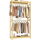 Homykic Bamboo Clothes Rack with Shelves and Double Hang Rods, Portable Closet System Garment Rack for Hanging Clothes, Tall Clothing Rack Corner Closet Organizer, Easy to Built, Natural