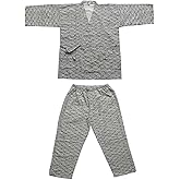 Kimono Japanese Shirt and Pant, Cotton Linen Loungewear Lounge Set Spa Bathrobe, Black Waves