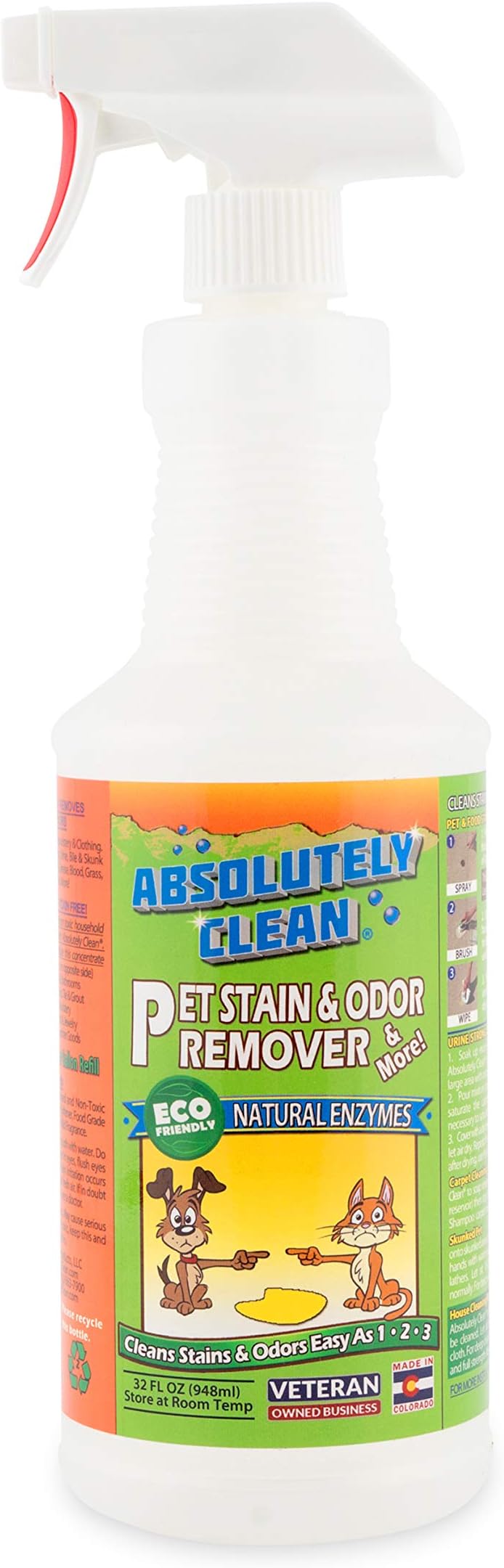 Absolutely CleanAmazing Pet Odor Eliminator for Home, Professional Strength: Natural Enzymes Remove Most Stains in 60 Seconds -Dog/Cat Urine, Vomit, Bile, Feces, Grass, Blood, Drool, More -USA Made