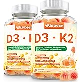 Wiszeen Vitamin D3 K2 Gummies, Vitamin D3 10000 IU & K2 (MK-7) 200 mcg - D3 K2 Supplement with Omega 3, Calcium, Magnesium for Bone Muscle Teeth Immune
