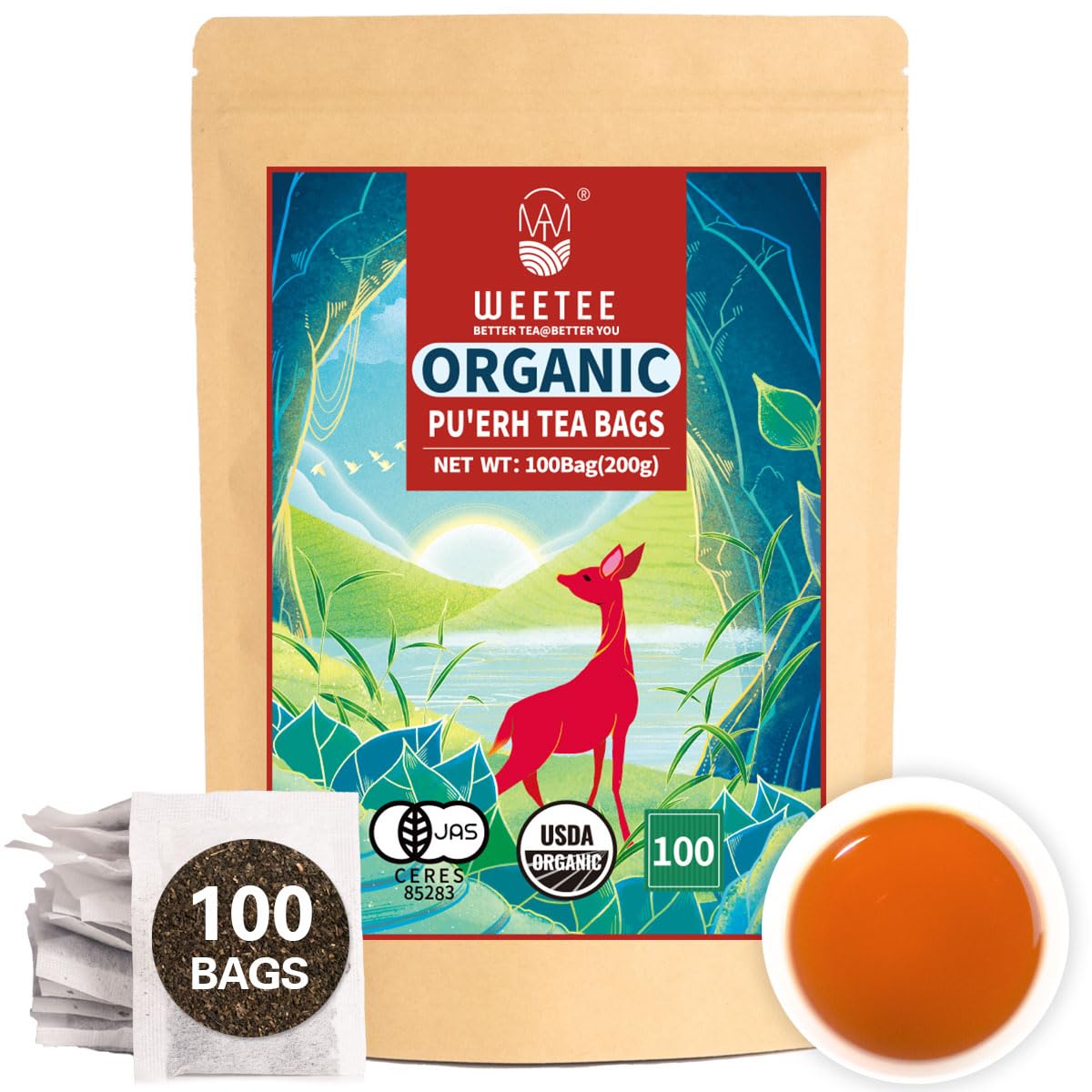 WT WEETEE Organic Puerh Tea Bags, USDA Certified