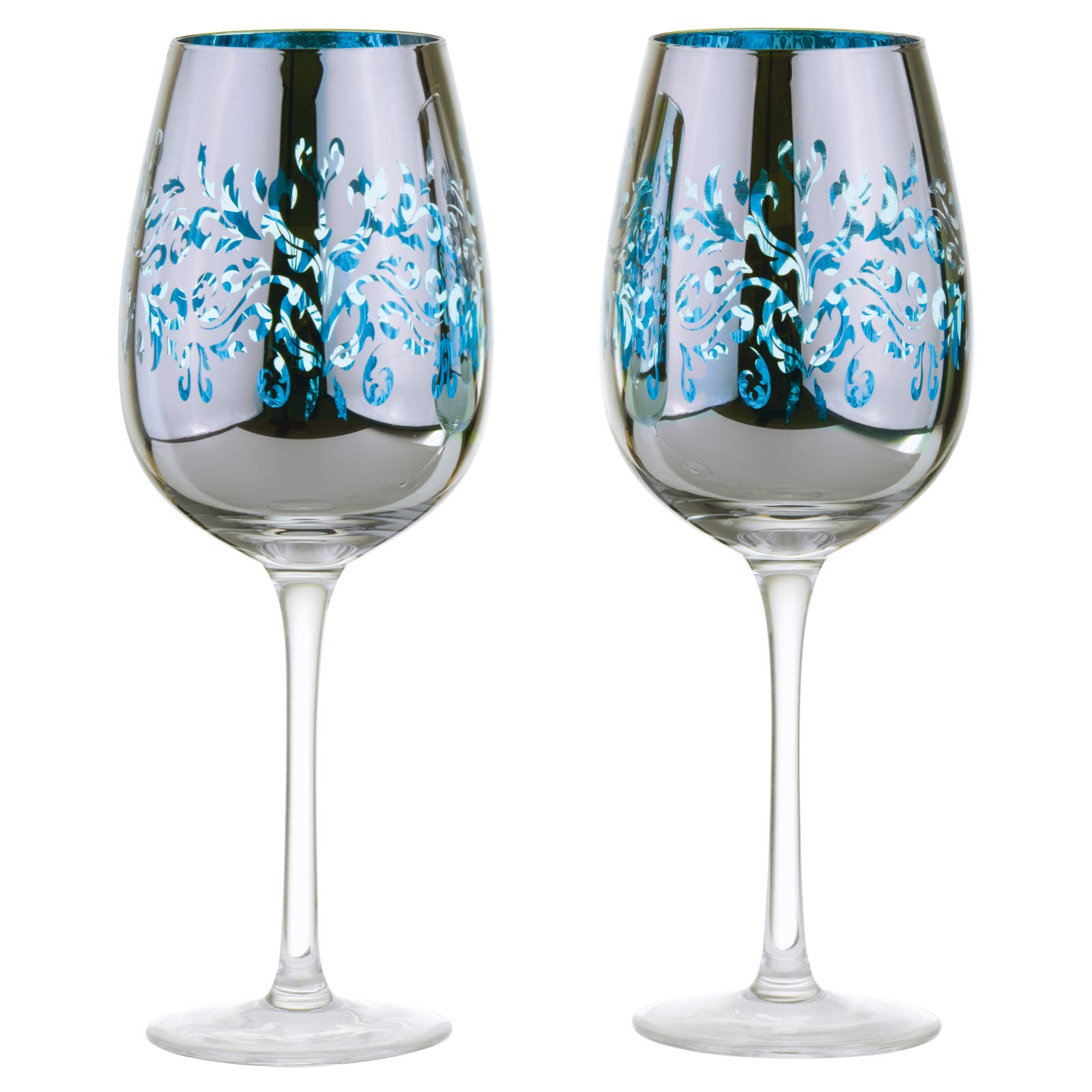 ARTLAND - Set of 2 Filigree Wine Glasses I Blue Electroplated Glasses, Mirrored Silver Finish, Gift Boxed Packaged Wine Gift Set