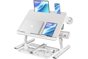 SONGMICS Bed Laptop Desk, Foldable Bed Desk for Laptop, 56 x 40 cm Large Desktop, 120° Stepless Tilt, Adjustable Height, Cup 