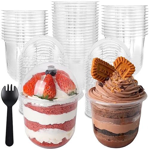 50 Pack 12OZ Clear Plastic Cups with Dome Lids and Sporks No Hole Disposable Fruit Cups for Dessert,Cupcake,Parfait,Pudding,Iced Cold Drinks,Snacks,Fruits,Bakeries,Ice Cream