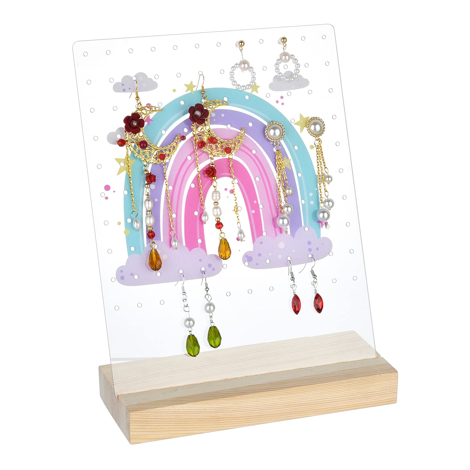 PH PandaHall 120 Holes Earring Holder, Rainbow Earring Display Stands Acrylic Earrings Hanger Board Stud Earrings Stand Organizer Wooden Base for Jewellery Display Showcase, 20.2x8x25.8cm