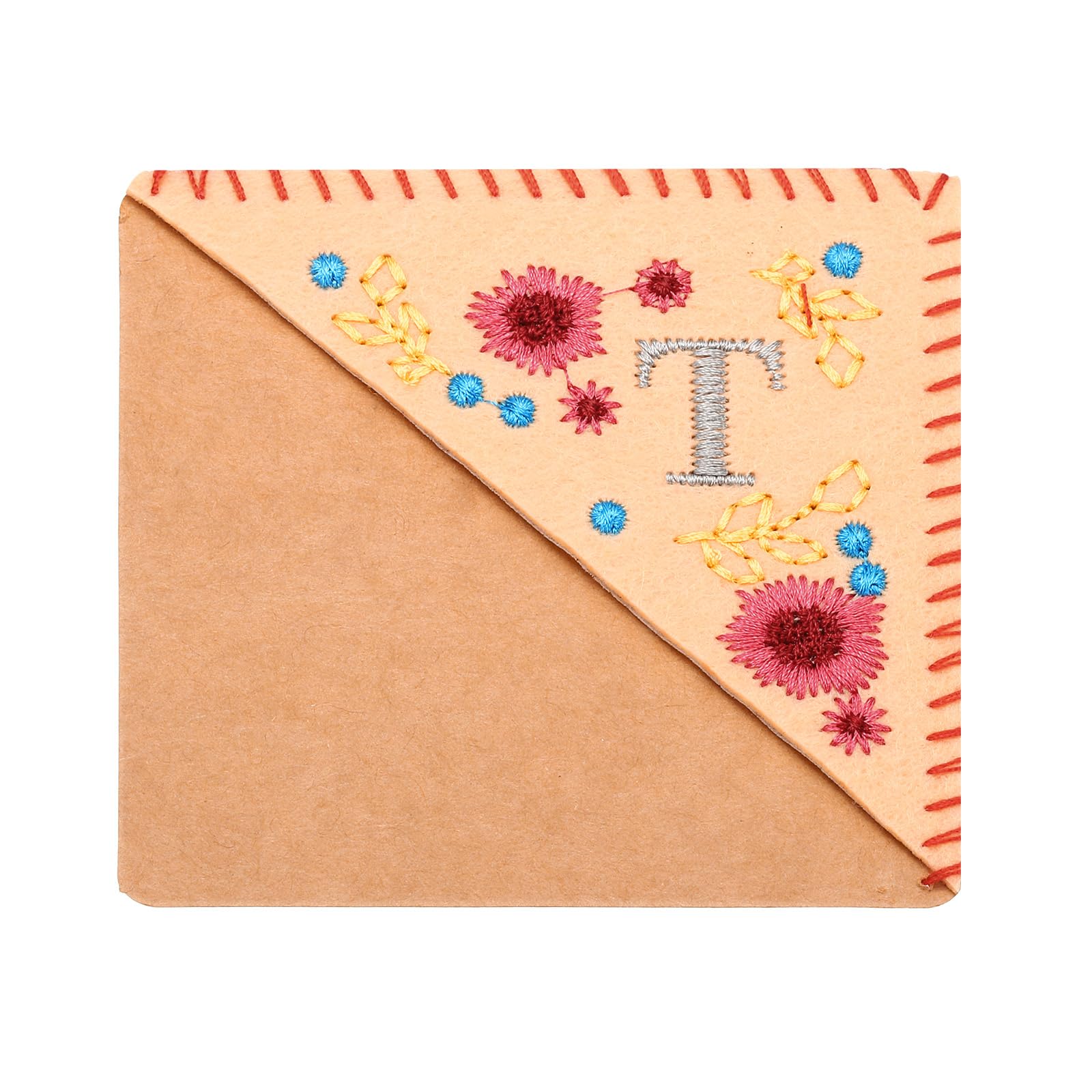 PATIKIL Personalized Embroidered Corner Bookmark, Cute Flower Felt Stitched Triangle Handmade Book Page Mark for Women Men Book Lover Teacher, Pink, Letter T