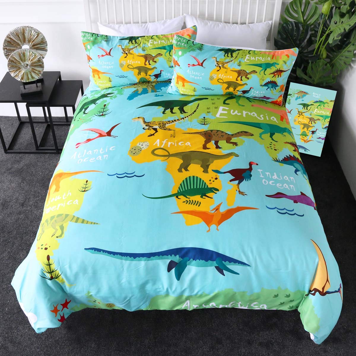 Sleepwish Dinosaur Duvet Cover World Map with Dinosaurs Bedding 3 Pieces Boy Dinosaur Lover Bedroom Set Kids Bed Linen （Twin）