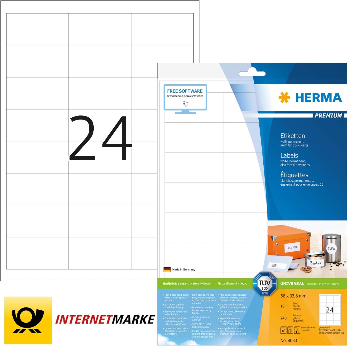HERMA Self Adhesive Removable Film Labels, 4 Labels Per A4 Sheet, 20