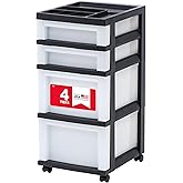 IRIS USA Plastic Drawer Storage Organizer Rolling Cart, with Wheels Casters, 4-Drawers, for Classroom Art Craft Supplies Dresser Closet Bathroom Laundry Room, Black/Pearl