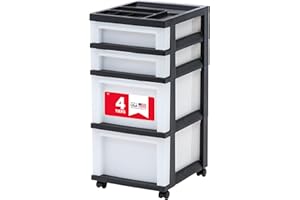 IRIS USA Plastic Drawer Storage Organizer Rolling Cart, with Wheels Casters, 4-Drawers, for Classroom Art Craft Supplies Dresser Closet Bathroom Laundry Room, Black/Pearl