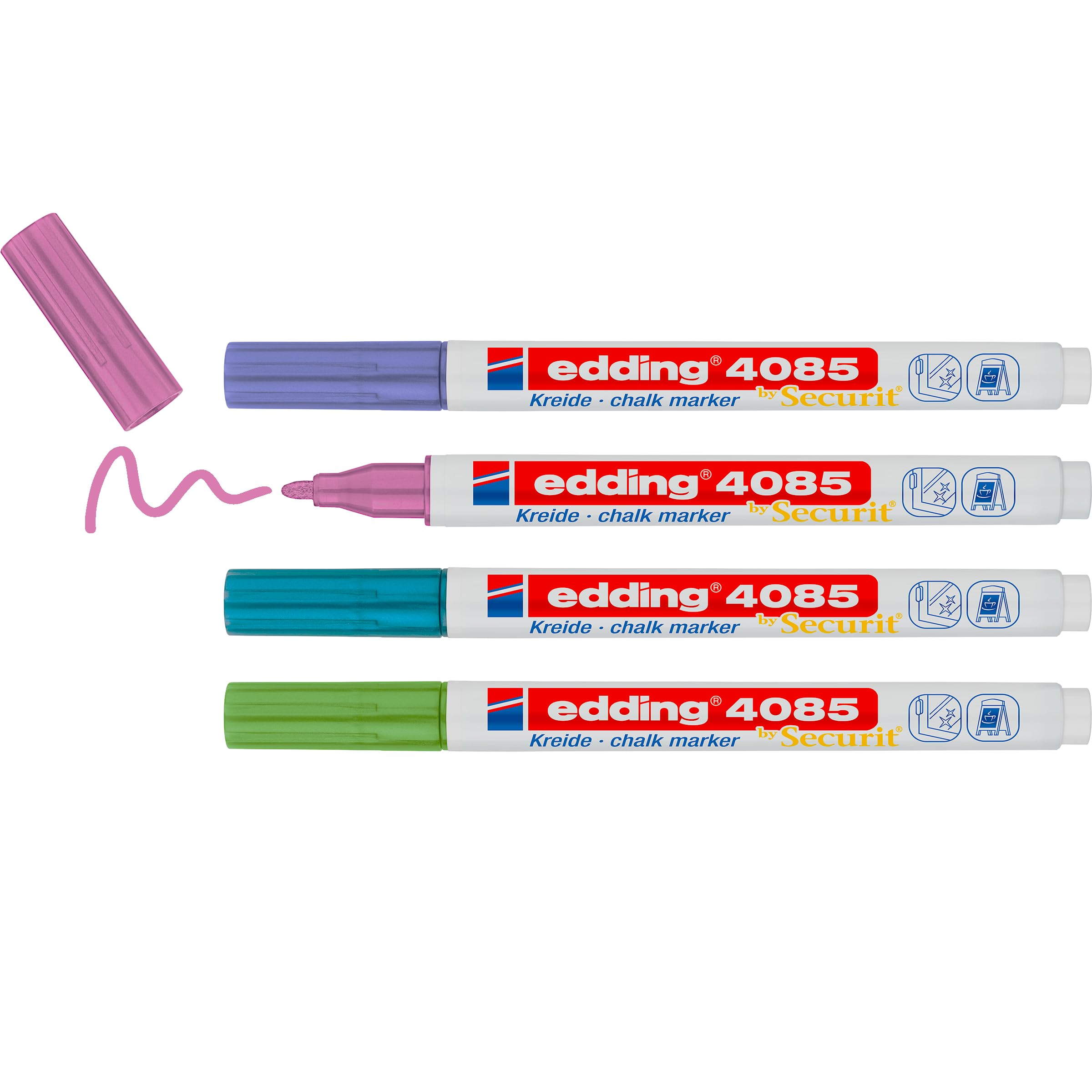 edding 4085 chalk marker - green, blue, purple, pink (metallic) - 4 chalk pens - round nib 1-2 mm, wet wipe pen for chalkboards, windows, glass, mirrors - liquid chalk marker pens for opaque coverage