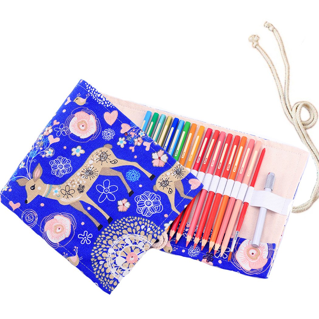 Amoyie Roll Up Pencil Case for 72 Coloured Pencils, Foldable Colouring Pens Organiser Bag, Artist Wrap, Portable Canvas Holder, Blue Deer