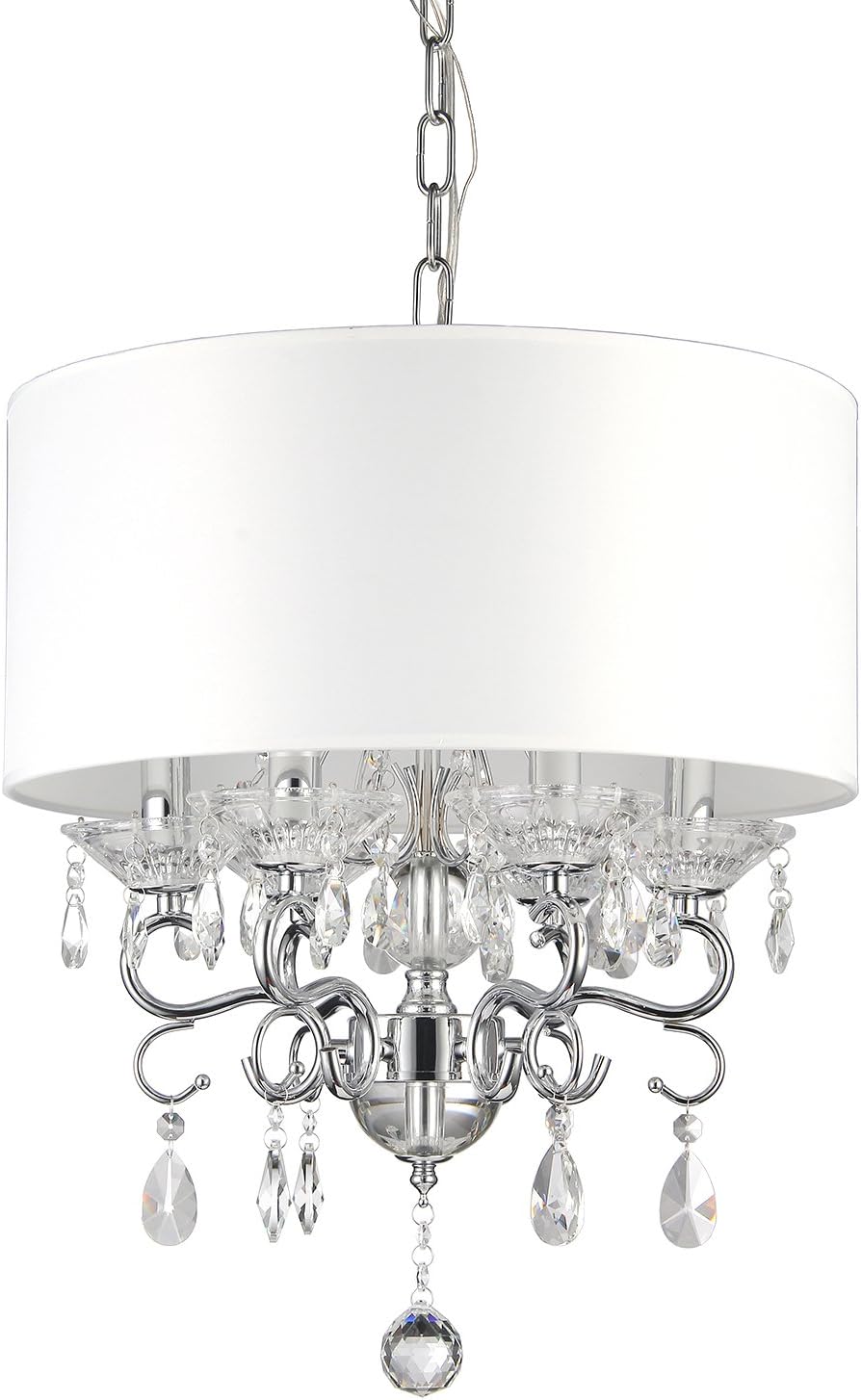 Edvivi Drum Crystal Chandelier Ceiling Fixture, 6 Lights Glam Lighting Fixture with Chrome Finish, Adjustable Ceiling Light Fixture with White Fabric Drum Shade, Living Room, Dining, Bedroom