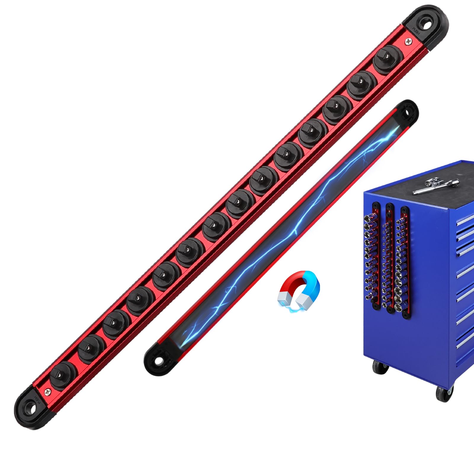 Photo 1 of 1/4-Inch Magnetic Socket Organizer Rail, Aluminum Alloy Socket Rail, Heavy Duty Sockets Holder with 14 Clips, 360° Swivel Clip Tool Tray, Sockets Organizer for Tool Box Drawer (Red)