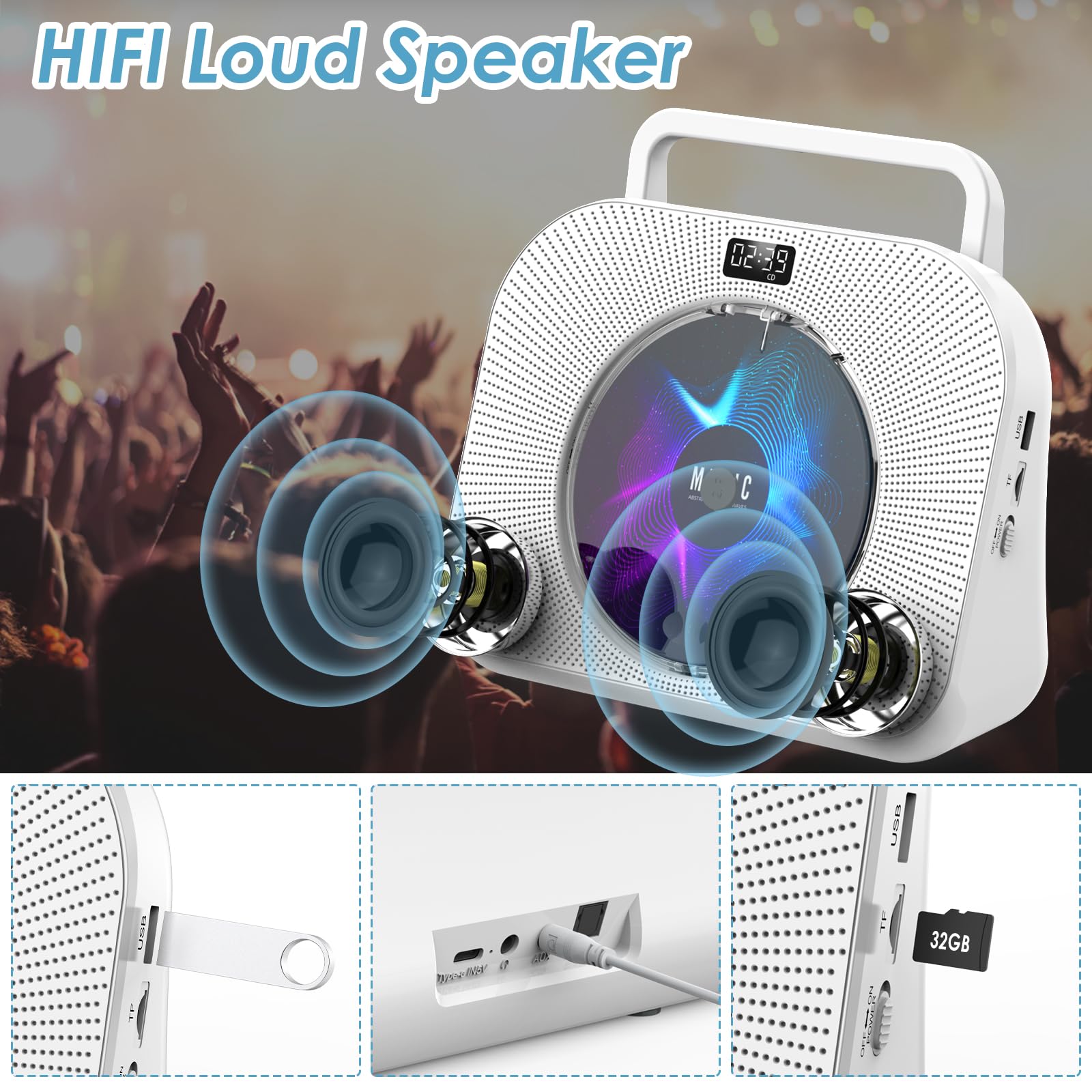 Gueray CD Players for Home Desktop CD Radio Player Speakers Portable CD Player with Bluetooth Timer Display Desktop Audio Boombox Support Sleep Music & Timer USB AUX TF Card Playback